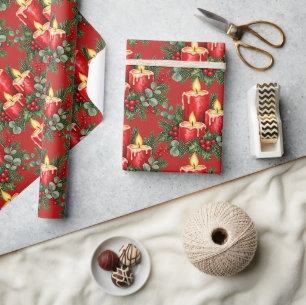 Papel De Presente Padrão de Decoração de Velas de Natal & Azevinho