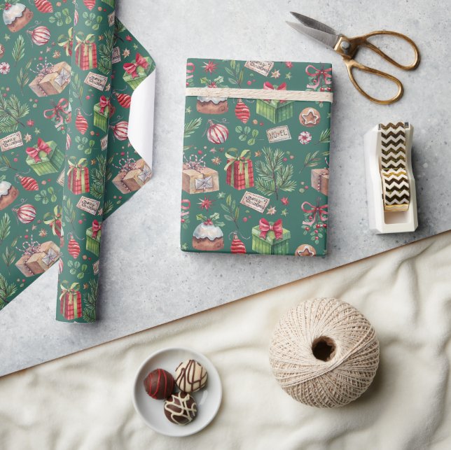 Papel De Presente Padrão de decoração em aquarela de Natal Feriado (Artesanato)