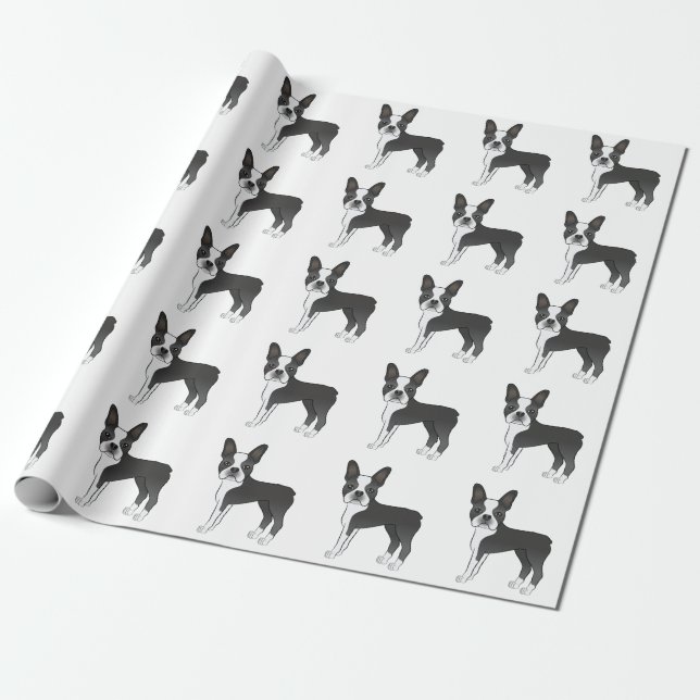 Papel De Presente Padrão de desenho animado de Boston Terrier preto  (Desenrolado)