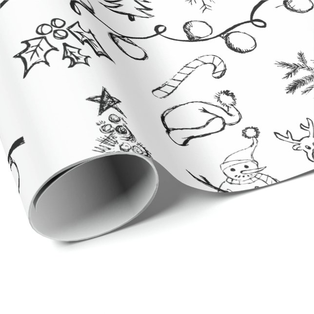 Papel De Presente Padrão de Desenhos de Natal Preto e Branco (Ponta do rolo)