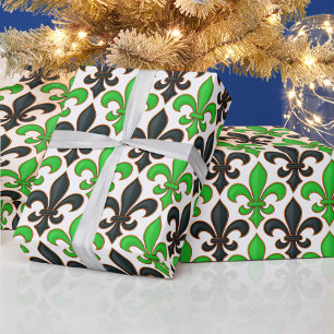 Papel De Presente Padrão de Design Barroco Flor-de-lis Preto Verde