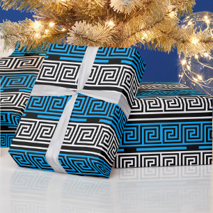 Papel De Presente Padrão de Design de Fret Key Grego Azul Preto Bran