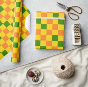 Papel De Presente Padrão de Design Xadrez Laranja Amarelo Verde