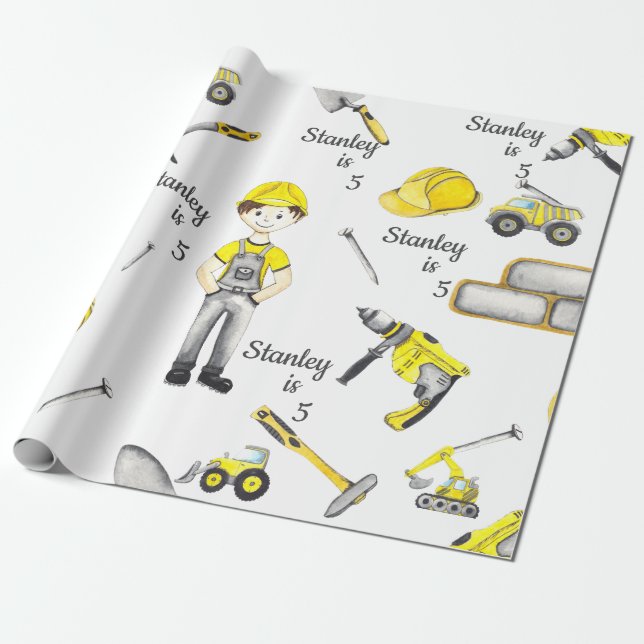 Papel De Presente Padrão de Despejo de Caminhão de Construção Amarel (Desenrolado)