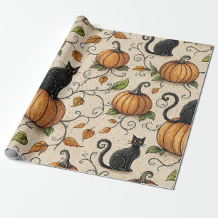 Papel De Presente Padrão de Dia das Bruxas de Gatos Pretos e Abóbora