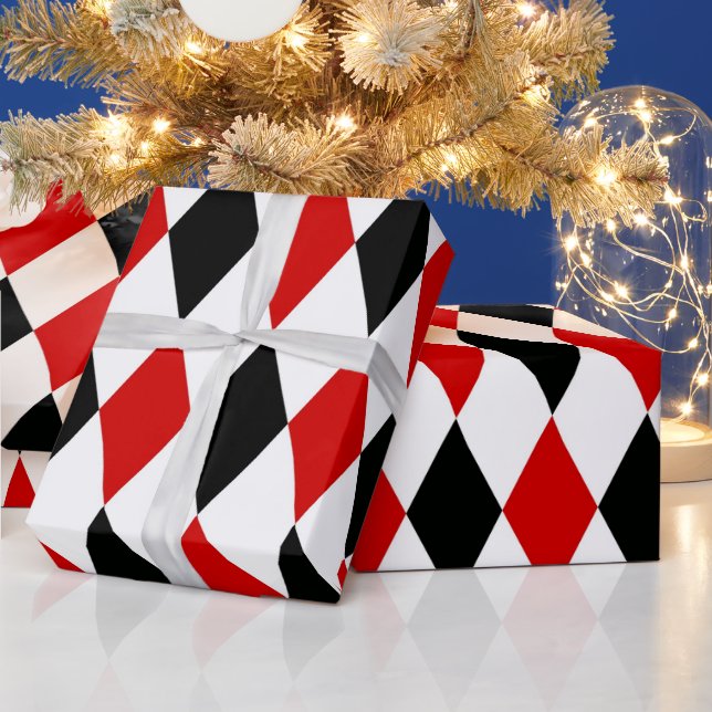 Papel De Presente Padrão de Diamante Arlequim Vermelho Branco Preto (Feriados)