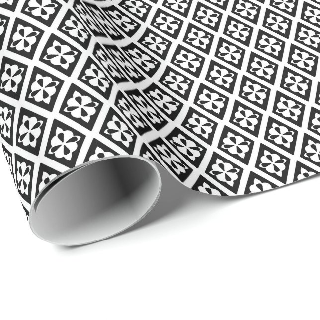 Papel De Presente Padrão de diamante - branco e preto (Ponta do rolo)