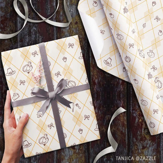 Papel De Presente Padrão de Diamante das Doodles de Ação de Graças (Criador carregado)