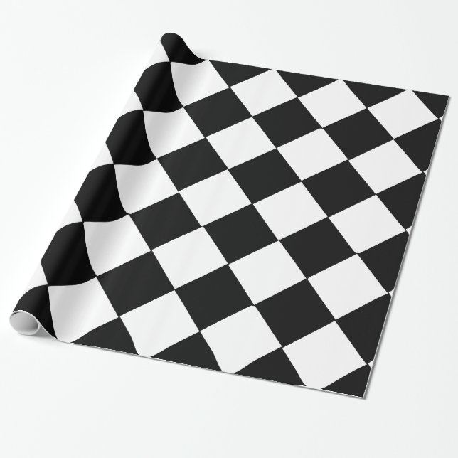 Papel De Presente Padrão de Diamante de Xadrez Grande Preto e Branco (Desenrolado)