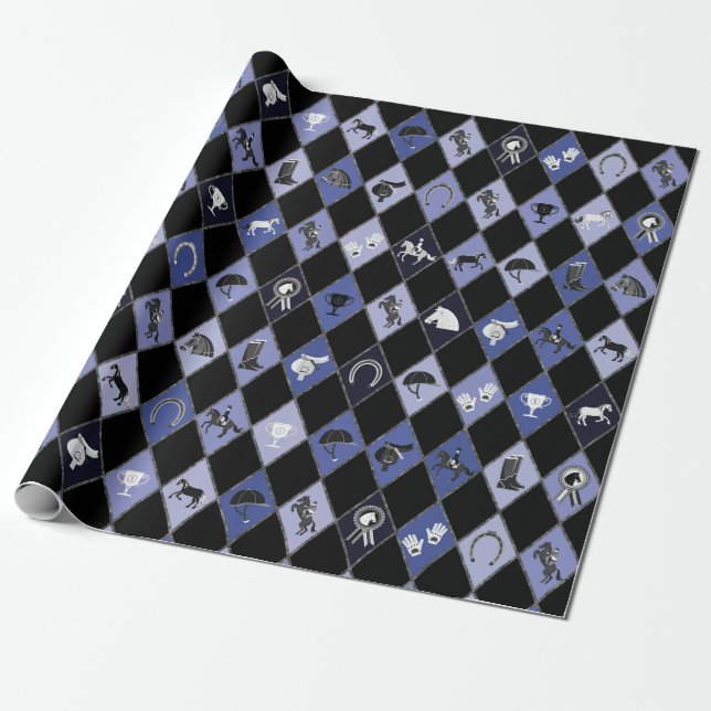 Papel De Presente Padrão de Diamante Equestre Negro na moda Azul (Desenrolado)