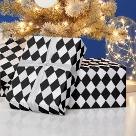 Papel De Presente Padrão de Diamante Harlequim Preto e Branco