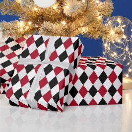 Papel De Presente Padrão de Diamante Harlequim Preto e Vermelho