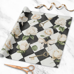 Papel De Presente Padrão de Diamante Preto e Branco de Flores de Ros
