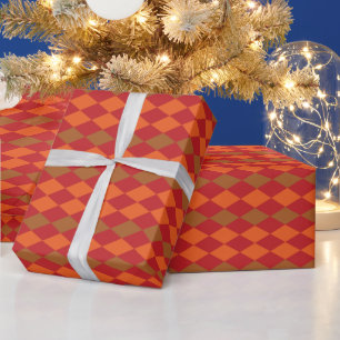 Papel De Presente Padrão de Diamante Xadrez Verde Laranja