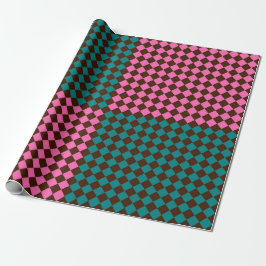 Papel De Presente Padrão de Diamante Xadrez Verde-Piscina Rosa Marro