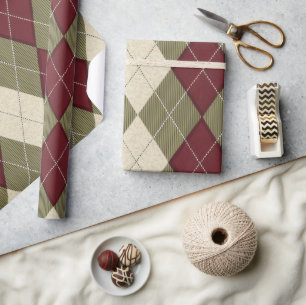 PAPEL DE PRESENTE PADRÃO DE DIAMANTE XADREZ VERMELHO VERDE RETRÔ