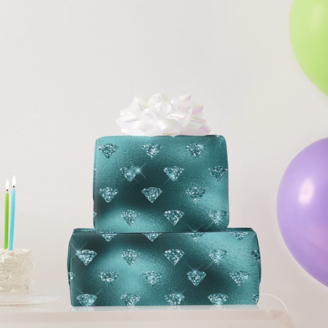 Papel De Presente Padrão de Diamantes Brilhantes com Gradiente Turqu (Presentes para festas)