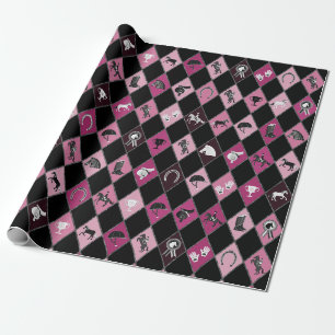 Papel De Presente Padrão de Diamantes Equestre Preto-na moda cor-de-