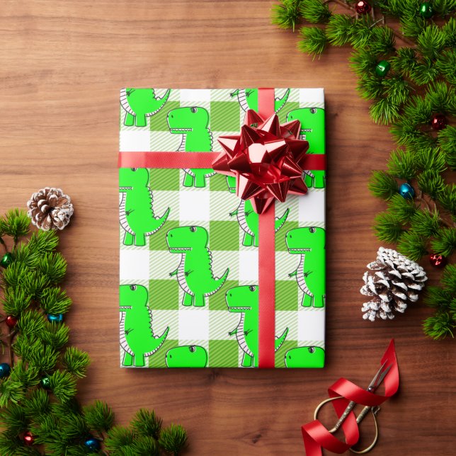 Papel De Presente Padrão de Dino Tartan, Xadrez Verde e Branco (Presente de Natal)