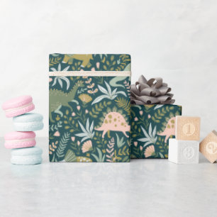 Papel De Presente Padrão de Dinossauro Verde