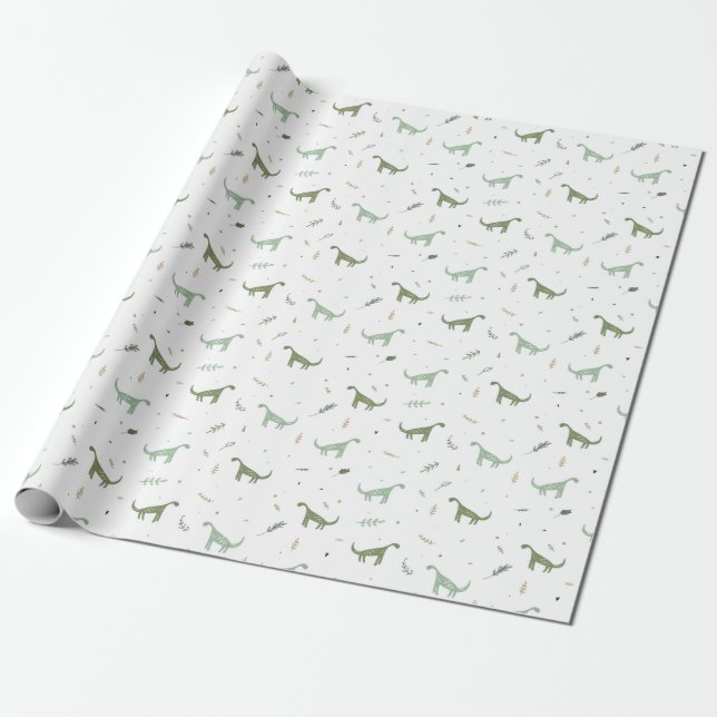 Papel De Presente Padrão de Dinossauro Verde e Bonito (Desenrolado)