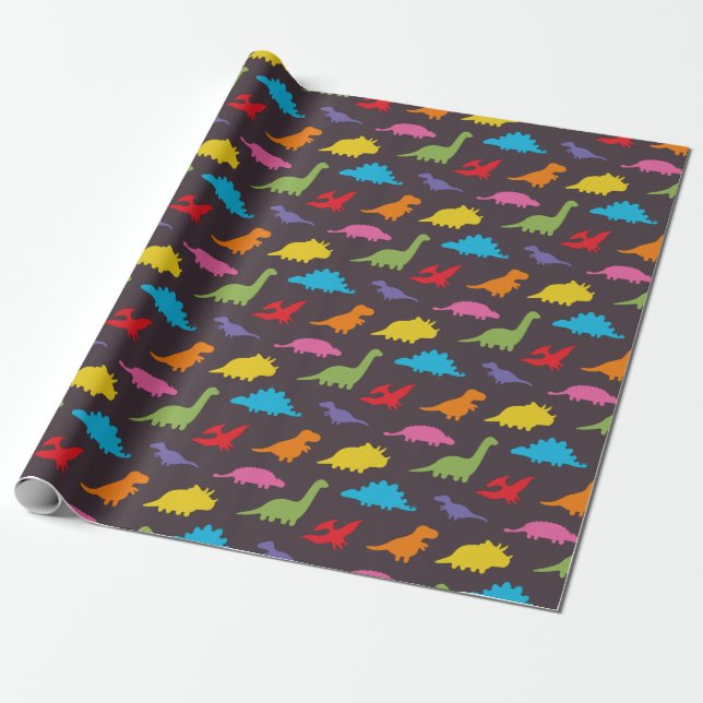Papel De Presente Padrão de dinossauros coloridos, crianças (Desenrolado)