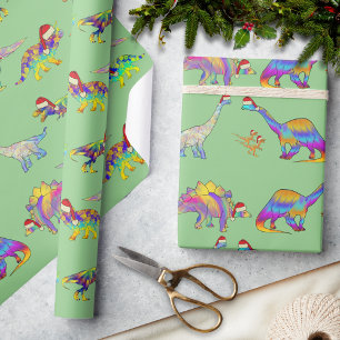 Papel De Presente Padrão de Dinossauros de Natal Usando Chapéus de P