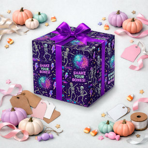Papel De Presente Padrão de Disco Esqueleto Roxo Neon
