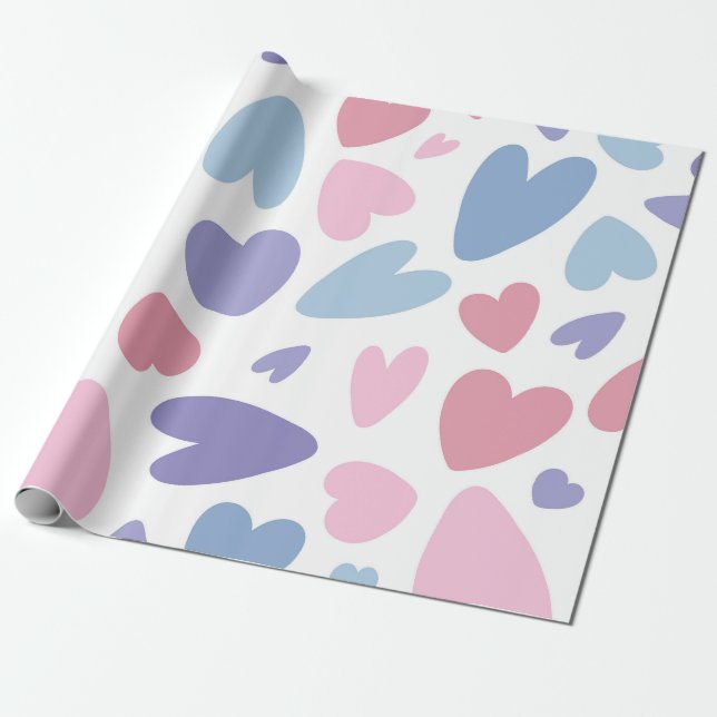Papel De Presente Padrão de dispersão de coração de Pastel (Desenrolado)