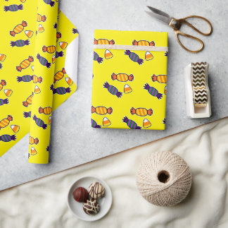 Papel De Presente Padrão de Doces Divertidos de Halloween em Amarelo