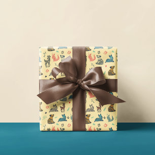 Papel De Presente Padrão de Doodle Animal da Floresta   Amarelo