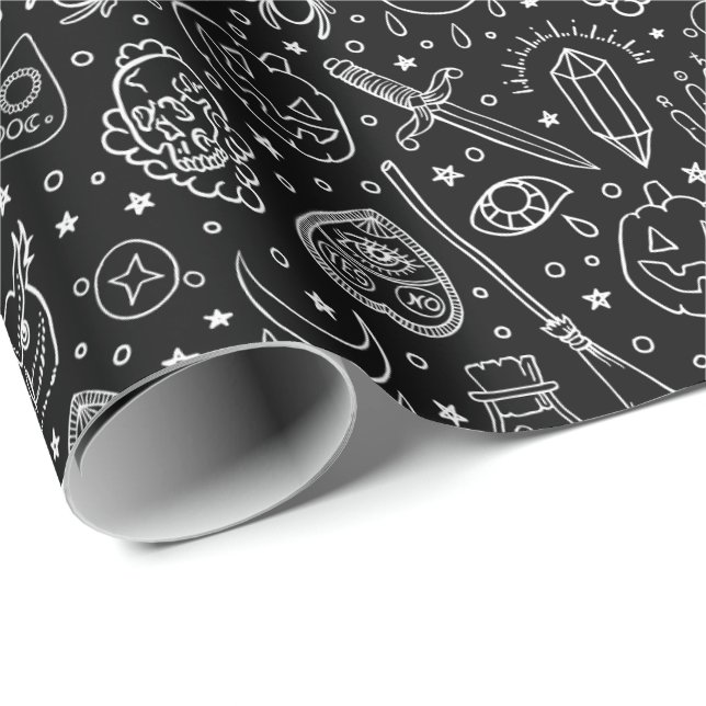 Papel De Presente Padrão de Doodle Negro do Festa Halloween (Ponta do rolo)