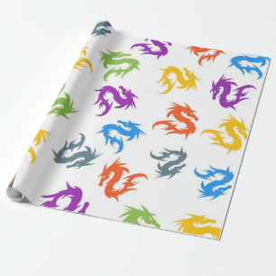 PAPEL DE PRESENTE PADRÃO DE DRAGÃO CHINÊS COLORIDO CAPRICHOSO