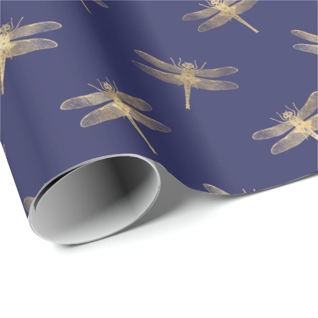Papel De Presente Padrão de Dragonfly Dourada Azul do Marinho Modern (Ponta do rolo)