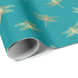 Papel De Presente Padrão de Dragonfly Dourada de Teal Moderno