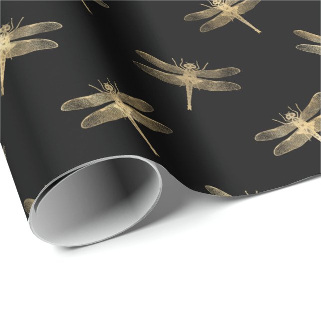 Papel De Presente Padrão de Dragonfly Dourada Preto Moderno (Ponta do rolo)