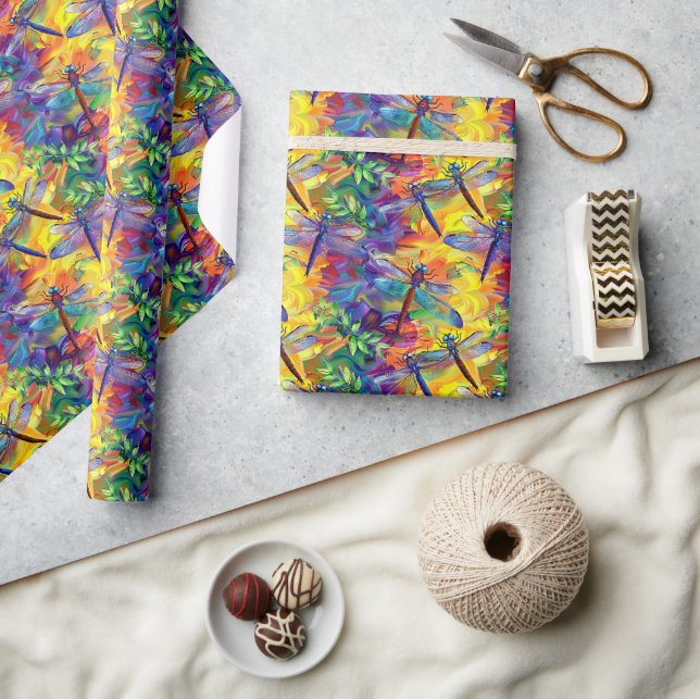 Papel De Presente Padrão de Dragonfly Whimsical com Backgroun Vibran (Artesanato)