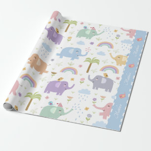 Papel De Presente Padrão de Elefante de Pastel Azul para Festa de M