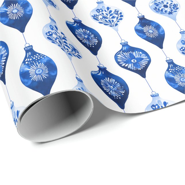 Papel De Presente Padrão de Enfeite de Férias Azul (Ponta do rolo)