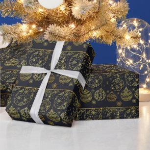 Papel De Presente Padrão de Enfeites de Natal Preto e Dourado Presen
