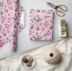 Papel De Presente Padrão de Enfeites de natal rosa com Foliag de inv