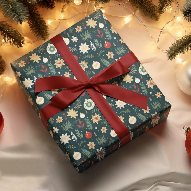 Papel De Presente Padrão de Enfeites de natal Verde Tradicional (Criador carregado)