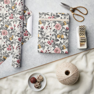 Papel De Presente Padrão de Engrenagem Botânica Vintage - Romântico