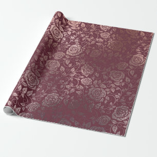 Papel De Presente Padrão de espiral floral rosa Dourado na Borgonha