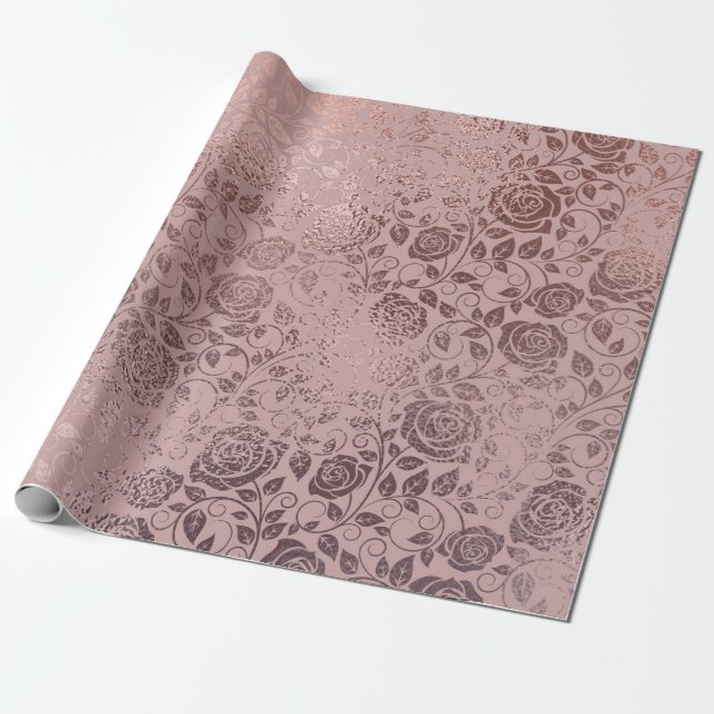Papel De Presente Padrão de espiral floral rosa Dourado no rosa páli (Desenrolado)