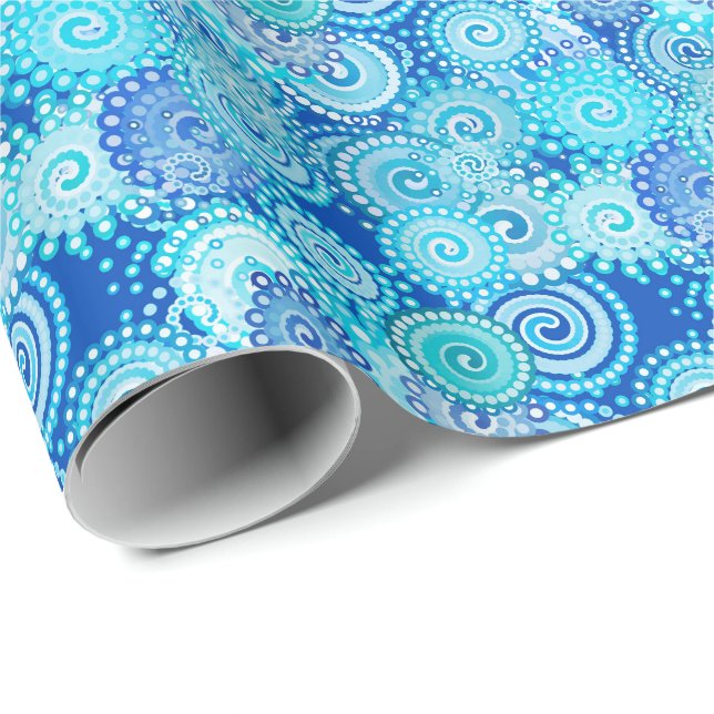 Papel De Presente Padrão de espiral frontal, tons de azul (Ponta do rolo)