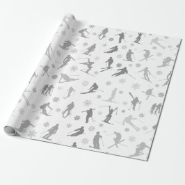Papel De Presente Padrão De Esquiadores. Cinzas Silhuettes Em Branco