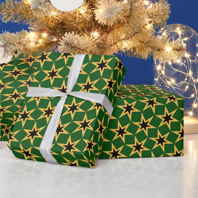 Papel De Presente Padrão de Estrela Amarela, Verde e Preta (Feriados)