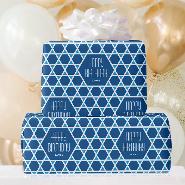 Papel De Presente Padrão de Estrela Azul Feliz de Aniversário Person (Criador carregado)