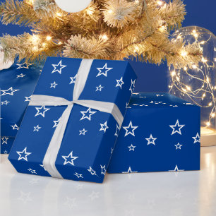 Papel De Presente Padrão de Estrela Branca na Moda Azul